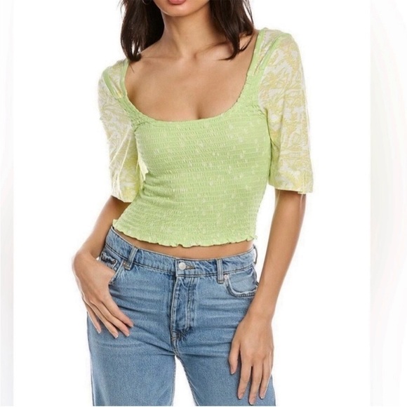 Free People Marigold Top Key Lime Combo Floral Smocked Cropped Size Medium - Picture 1 of 13
